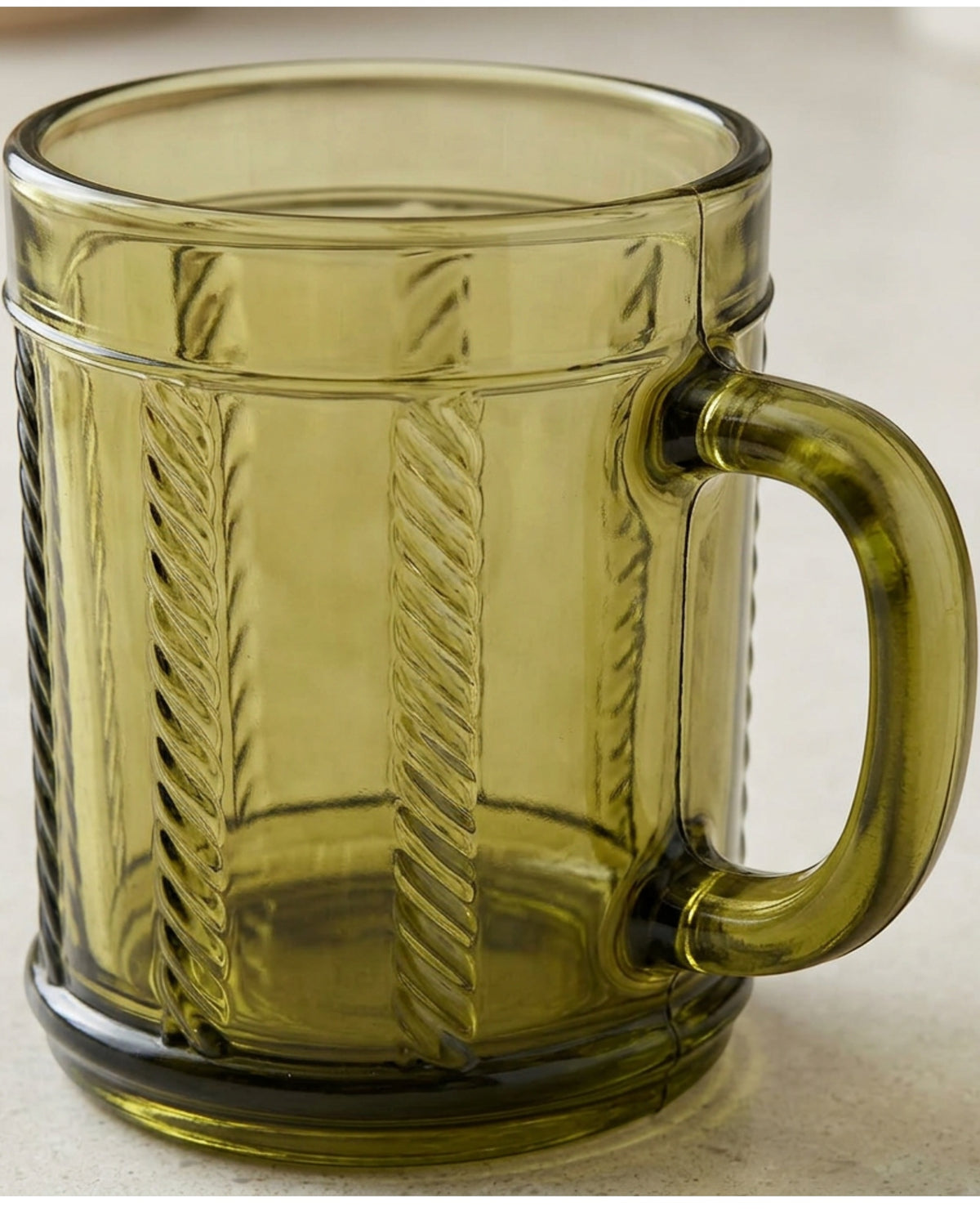 Kwdmx Rope-Twist Handle Embossed Glass Mug 12 oz Olive - Detail view