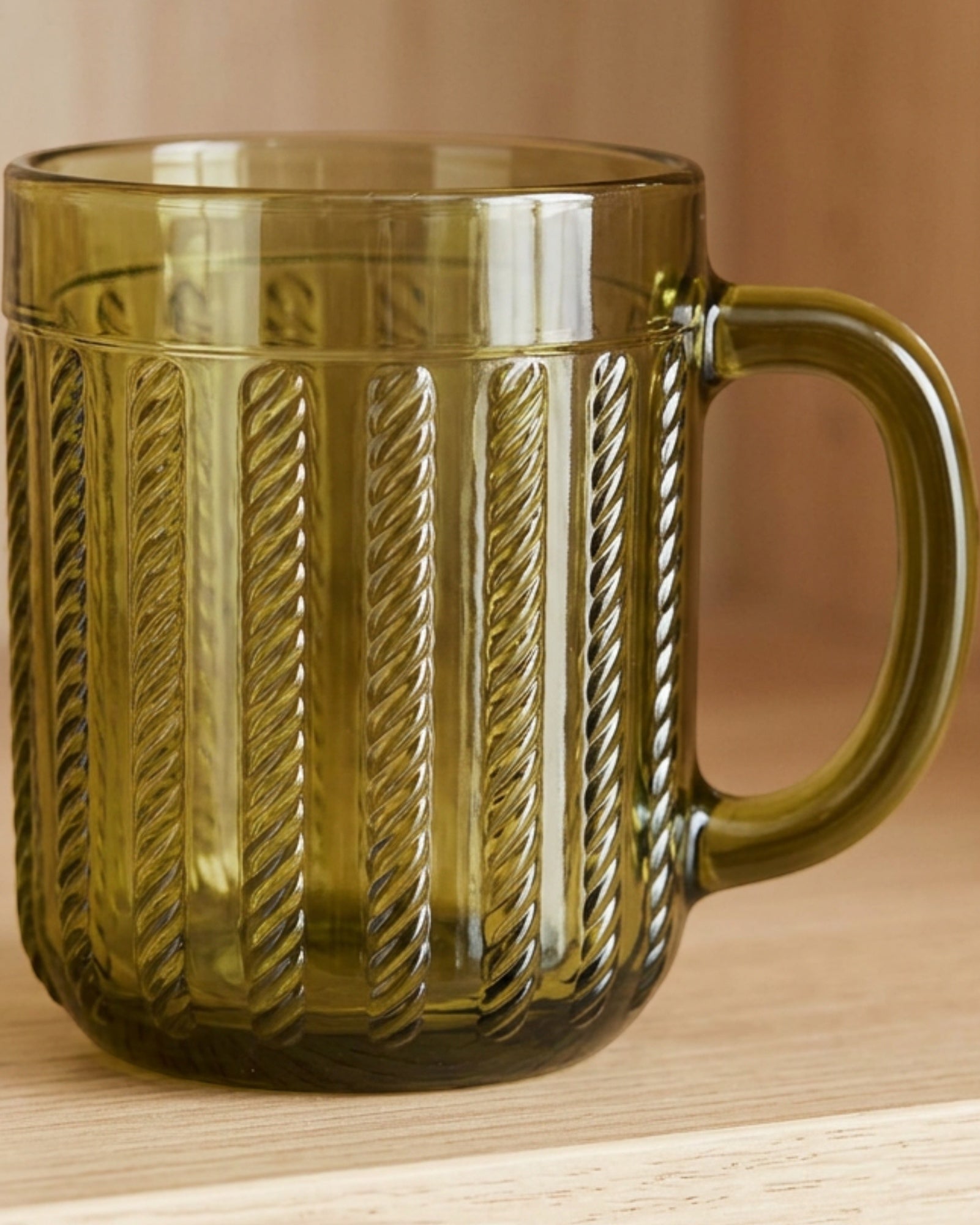 Kwdmx Rope-Twist Handle Embossed Glass Mug 12 oz Olive - Lifestyle view