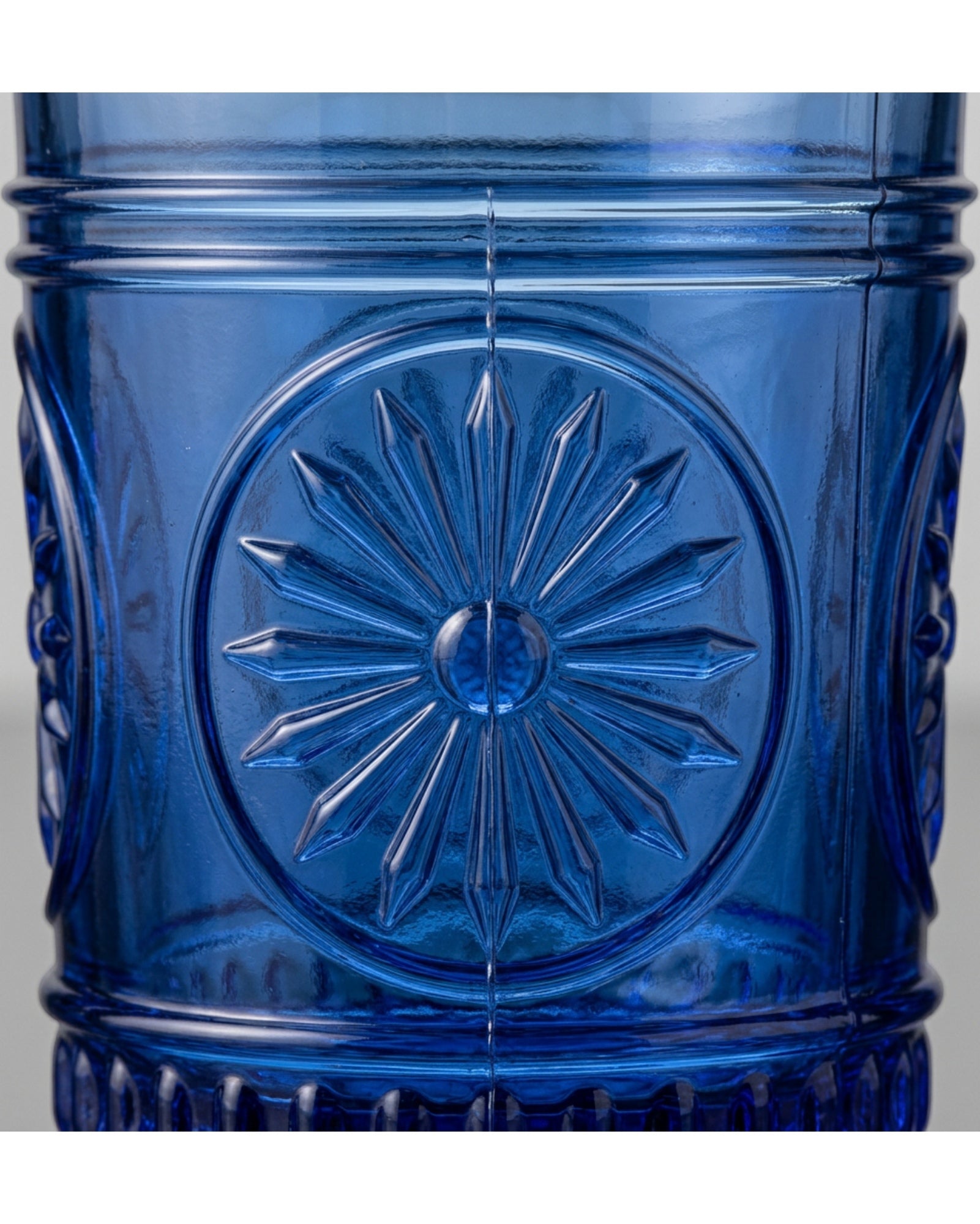 Kwdmx Sunburst Medallion Lowball Glass 10 oz Cobalt - Detail view