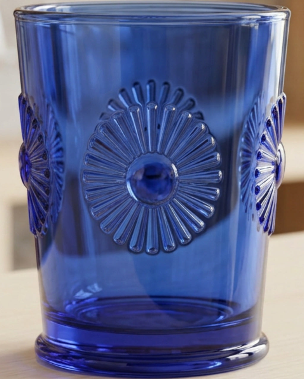 Kwdmx Sunburst Medallion Lowball Glass 10 oz Cobalt - Lifestyle view
