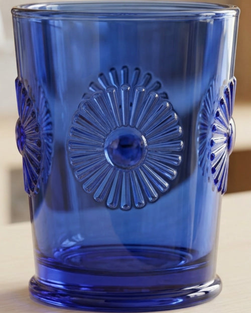 Kwdmx Sunburst Medallion Lowball Glass 10 oz Cobalt - Lifestyle view